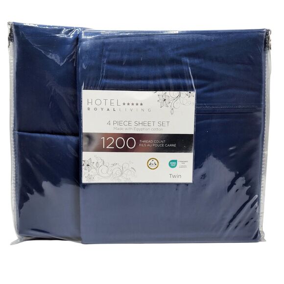 Hotel Royal Living Twin Navy Blue Sheet Set x4 1200 Thread Count Egyptian Cotton - Picture 1 of 8